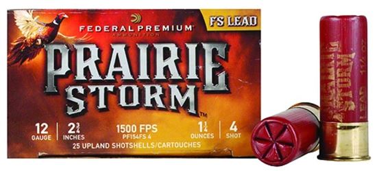 Picture of Federal PF154FS4 Prairie Storm - FS Lead Shotshell 12 GA, 2-3/4 in, No. 4, 1-1/4oz, 4.46 Dr, 1500 fps, 25 Rnd per Box