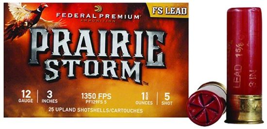 Picture of Federal PF129FS5 Prairie Storm - FS Lead Shotshell 12 GA, 3 in, No. 5, 1-5/8oz, 4.29 Dr, 1350 fps, 25 Rnd per Box