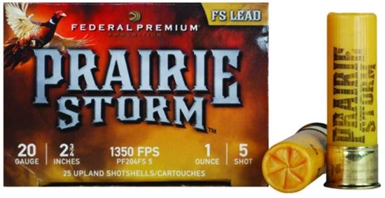 Picture of Federal PF204FS5 Prairie Storm - FS Lead Shotshell 20 GA, 2-3/4 in, No. 5, 1oz, 3.34 Dr, 1350 fps, 25 Rnd per Box