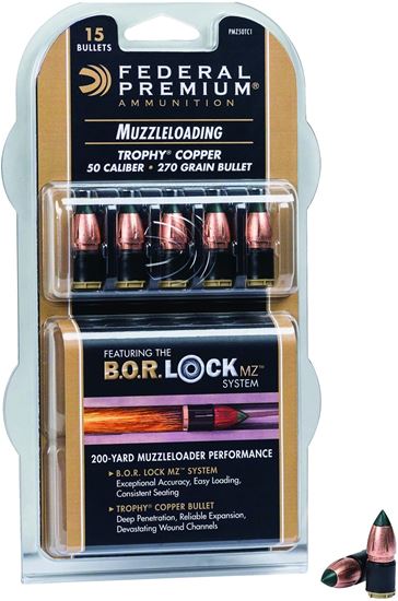 Picture of Federal PMZ50TC1 Muzzleloader Bullets, .50 Cal 270gr Trophy Copper MZ w/B.O.R Lock System, 15 Pk