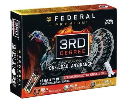 Picture of Federal PTDX139-567 3rd Degree Turkey Shotshell w/ Flight Control Flex Wad 12 GA 3 1/2" 2oz 5, 6, 7 SHOT 1250 FPS 5 Rnd Per Box