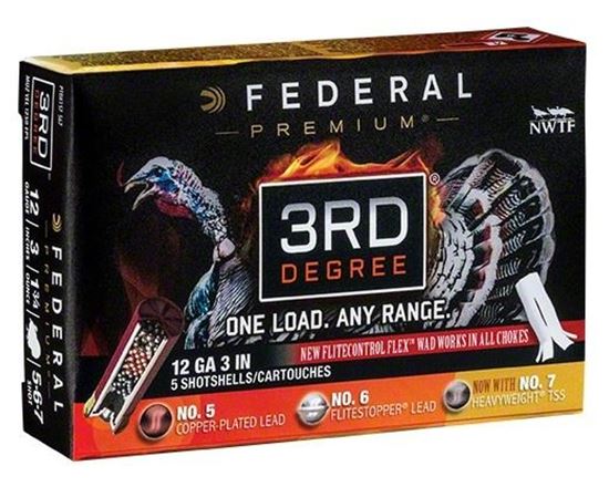 Picture of Federal PTDX157-567 3rd Degree Turkey Shotshell w/ Flight Control Flex Wad 12 GA 3" 1 3/4oz 5, 6, 7 SHOT 1250 FPS 5 Rnd Per Box