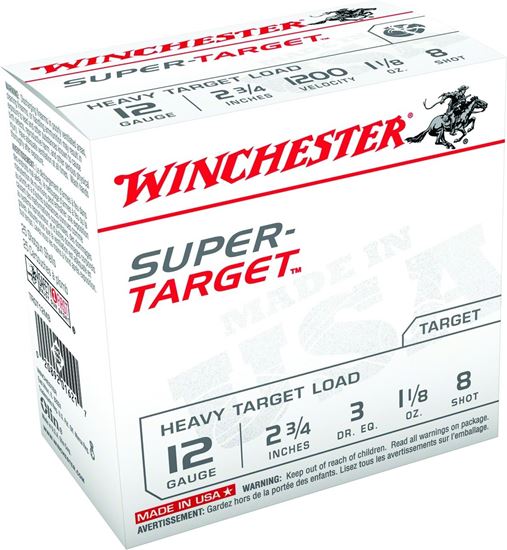 Picture of Winchester TRGT12M8 Super-Target Shotshell 12 GA, 2-3/4 in, No. 8, 1-1/8oz, 3 Dr, 1200 fps, 25 Rnd per Box