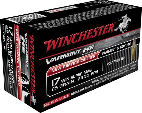 Picture of Winchester S17W25 Varmint HE Rimfire Ammo 17 WSM, Polymer Tip, 25 Grains, 2411 fps, 50 Rounds, Boxed