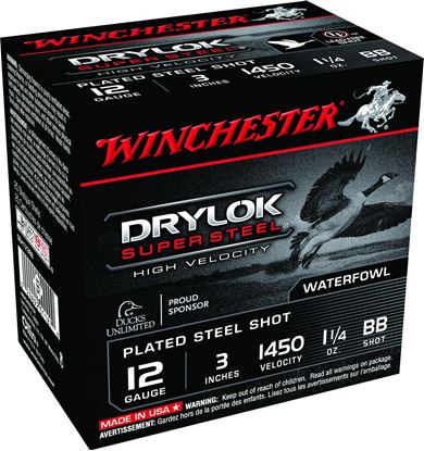 Picture of Winchester SSH123BB Drylok Super Steel Shotshell 12 GA, 3 in, No. BB, 1-1/4oz, Max Dr, 1450 fps, 25 Rnd per Box