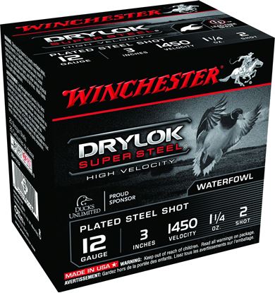 Picture of Winchester SSH1232 Drylok Super Steel Shotshell 12 GA, 3 in, No. 2, 1-1/4oz, Max Dr, 1450 fps, 25 Rnd per Box