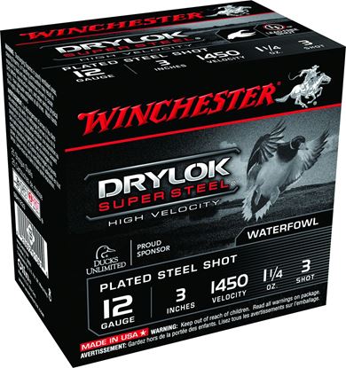 Picture of Winchester SSH1233 Drylok Super Steel Shotshell 12 GA, 3 in, No. 3, 1-1/4oz, Max Dr, 1450 fps, 25 Rnd per Box