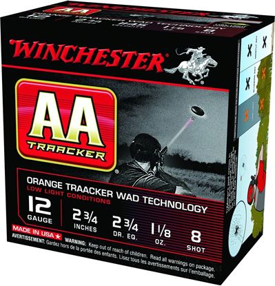 Picture of Winchester AA128TB AA TrAAcker Shotshell 12 GA, 2-3/4 in, No. 8, 1-1/8oz, 2-3/4 Dr, 1145 fps, 25 Rnd per Box