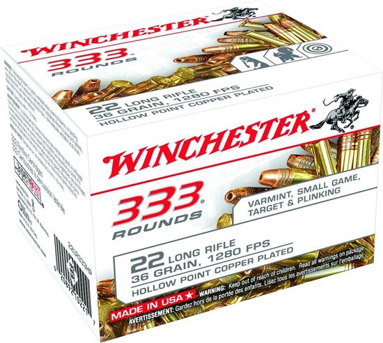 Picture of Winchester 22LR333HP Rimfire Ammo 22 LR, CPHP, 36 Grains, 1280 fps, 333 Rounds, Boxed