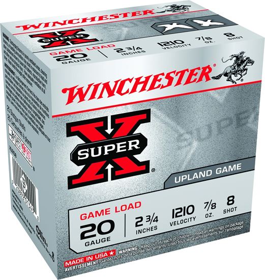 Picture of Winchester XU208 Super-X Shotshell 20 GA, 2-3/4 in, No. 8, 7/8oz, 2-1/2 Dr, 1210 fps, 25 Rnd per Box