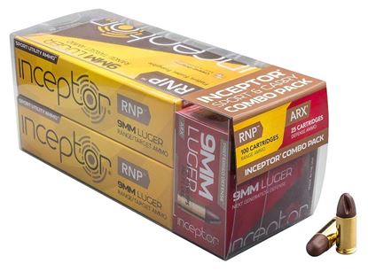 Picture of Inceptor Ammunition 9RNPARXBRLUG-65-125 Inceptor Sport Utility Pack 9mm Luger RNP 65 Gr, ARX 65 Gr, 125 Per Box