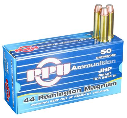 Picture of PPU PPH44MH Pistol Ammo 44 MAG, JHP, 240 Gr, 1440 fps, 50 Rnd, Boxed