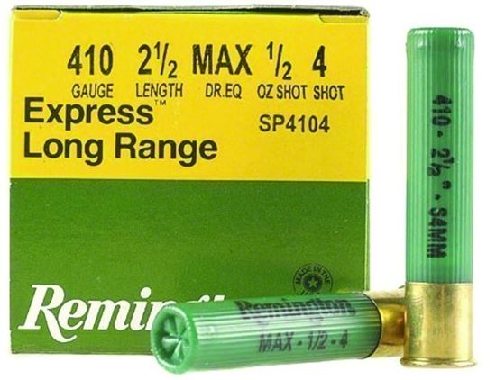 Picture of Remington SP4104 Express Extra Long Range Shotshell 410 GA, 2-1/2 in, No. 4, 1/2oz, Max Dr, 1250 fps, 25 Rnd per Box