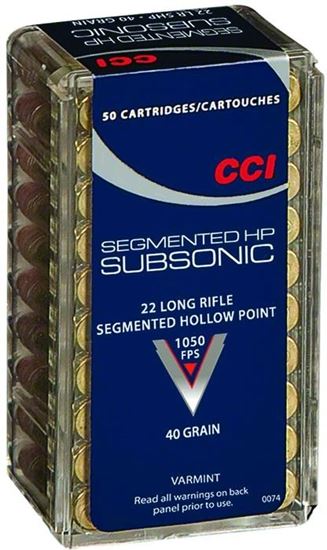 Picture of CCI 0074 Segmented Hollow Point Rimfire Ammo 22 LR, CPSHP, 40 Grains, 1050 fps, 50 Rounds, Boxed