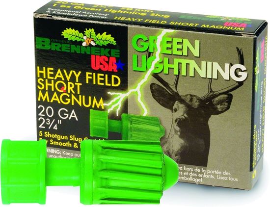 Picture of Brenneke SL-202HFSGL Green Lightning HFSM Rifled Slugs 20 GA, 2-3/4 in, 1oz, 1392 fps, 5 Rnd per Box