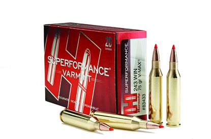 Picture of Hornady 83433 Superformance Varmint Rifle Ammo 243 WIN, V-MAX, 75 Grains, 3580 fps, 20, Boxed