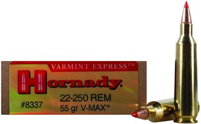 Picture of Hornady 8337 Varmint Express Rifle Ammo 22-250 REM, V-MAX, 55 Grains, 3680 fps, 20, Boxed