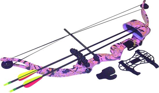 Picture of SA Sports 566 Majestic Recurve Compound Bow Set, 20lb Draw, 2-Target Arrows, Accessories, Pink Camo