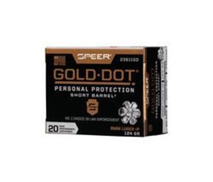 Picture of Speer 23611GD Gold Dot Short Barrel Pistol Ammo 9MM +P, GDHP, 124 Gr, 1150 fps, 20 Rnd, Boxed