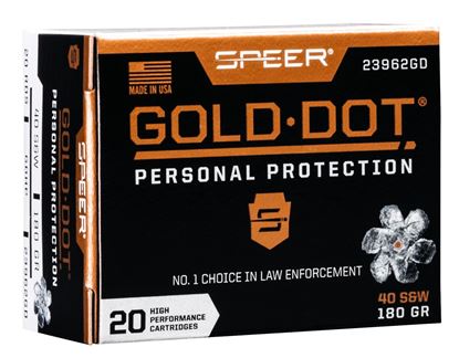 Picture of Speer 23962GD Gold Dot Personal Protection Handgun Ammo 40 S&W, GDHP, 180 Gr, 1025 fps, 20 Rnd, Boxed