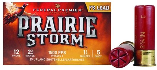 Picture of Federal PF154FS5 Prairie Storm - FS Lead Shotshell 12 GA, 2-3/4 in, No. 5, 1-1/4oz, 4.46 Dr, 1500 fps, 25 Rnd per Box