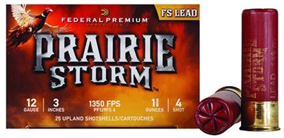 Picture of Federal PF129FS4 Prairie Storm - FS Lead Shotshell 12 GA, 3 in, No. 4, 1-5/8oz, 4.29 Dr, 1350 fps, 25 Rnd per Box