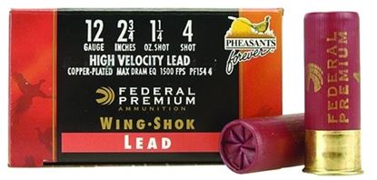 Picture of Federal PF154-4 Wing-Shok Pheasants Forever High-Velocity Shotshell 12 GA, 2-3/4 in, No. 4, 1-1/4oz, 4.46 Dr, 1500 fps