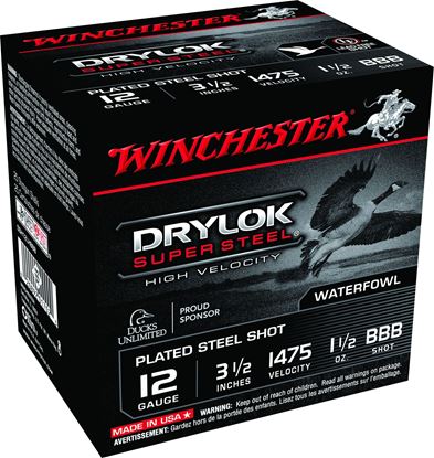 Picture of Winchester SSH12LHBBB Drylok Super Steel Shotshell 12 GA, 3-1/2 in, No. BBB, 1-1/2oz, 1475 fps, 25 Rnd per Box