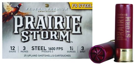 Picture of Federal PFS143FS3 Prairie Storm - FS Steel Shotshell 12 GA, 3 in, No. 3, 1-1/8oz, 4.79 Dr, 1600 fps, 25 Rnd per Box