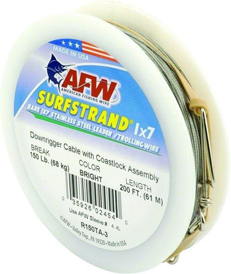 Picture of AFW R150TA-3 Surfstrand Downrigger Wire, 1x7 Stainless, Comp. Assembly, 150lb (68kg) test, .031 in (0.79mm) dia, Bright, 200ft (61m)