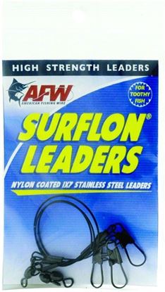 Picture of AFW E020BL06/3 Surflon Leaders, Nylon Coated 1x7 Stainless, Sleeve, Swivel, LockSnap, 20 lb (9 kg) test, Black, 6 in (15.2 cm) 3 pc