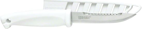 Picture of Rapala RSB4 Bait Knife, 4" Stainless Blade, Serrated Upper Blade, White Comfort Grip Handle, Open Sheath