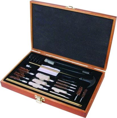 Picture of Outers 70082 Universal Cleaning Kit Brass 28pc Wood Box .22Cal & Up