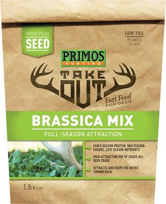 Picture of Primos 58580 Take Out Food Plot Seed, Brassica Mix (Turnips, Canola & Rape), 1/4 Acre Coverage, 5 Lb Bag