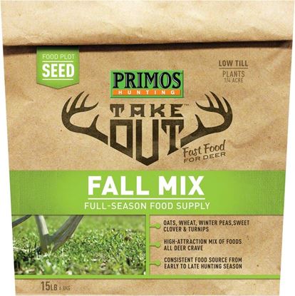 Picture of Primos 58584 Take Out Food Plot Seed, Fall Mix Full-Season Supply, 1/4 Acre Coverage, 15 Lb Bag