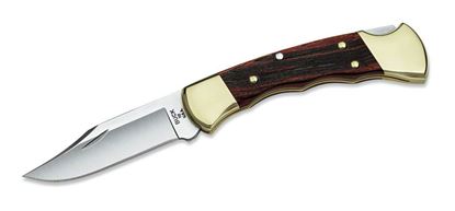 Picture of Buck 0112BRSFG Ranger Folding Lock back Knife, 3" 420 HC Clip Blade Knife, wood handle, brass bolster w/ leather sheath