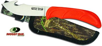 Picture of Outdoor Edge WS-10C Wild-Skin Gut Hook Fixed Blade Skinning Knife, 4" Blade, Orange TPR Handle, Mossy Oak Nylon Sheath, Blister