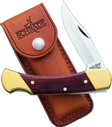 Picture of Uncle Henry LB7 Bear Paw Lockback Folding Pocket Knife, 3.7" Clip Point Blade, Wood Handles, Brown Leather Belt Sheath