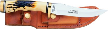 Picture of Uncle Henry 153UH Golden Spike Rat Tail Tang Fixed Blade Knife, 5" Clip Point Blade, Staglon Handle, Leather Sheath w/Sharpener