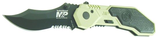 Picture of Smith & Wesson SWMP1BSD M&P M.A.G.I.C. Assisted Opening Liner Lock Folding Knife, 2.9" Part Serrated Clip Point Blade, Desert Hdl, Glass Break