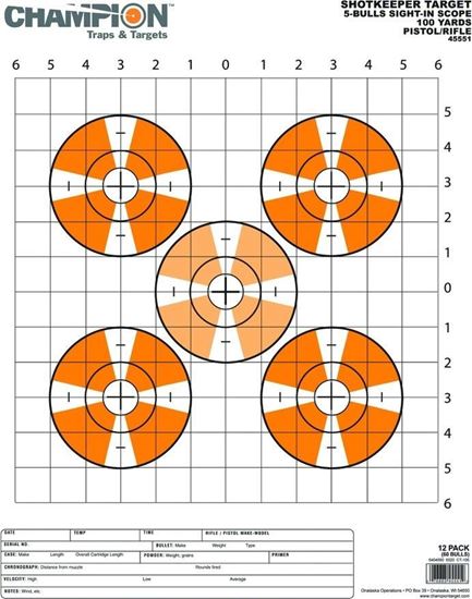 Picture of Champion 45551 Shotkeeper 5 Large Bulls Sight-In Target, Pistol/Rifle, 14"x18", 12pk