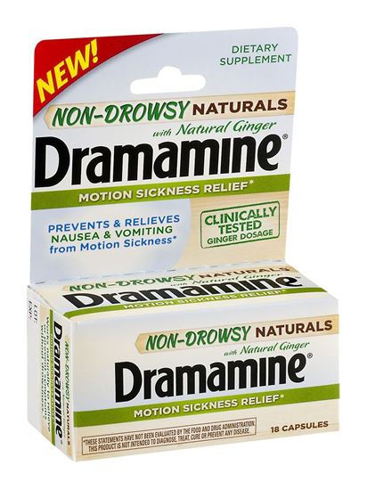 Picture of Dramamine 1810GIN Motion Sickness W/ NATURAL GINGER NON DROWSY - 18 CAPSULES